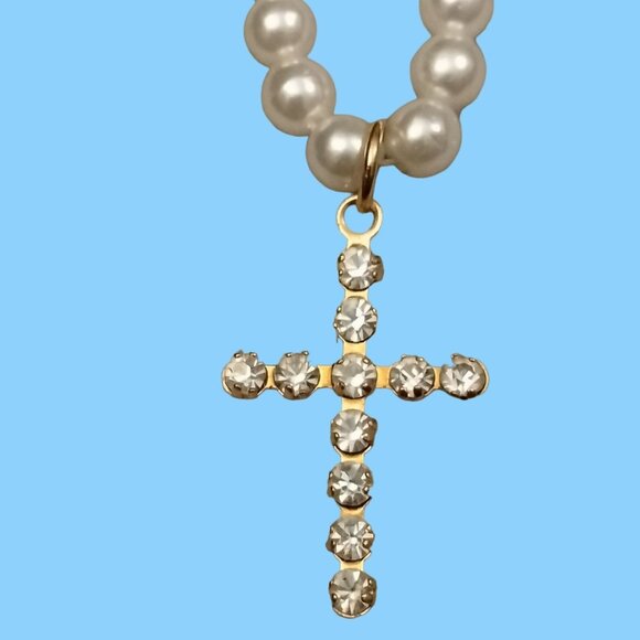 Pearl Rhinestone Cross Necklace Christian Easter Communion Faux - Picture 1 of 3
